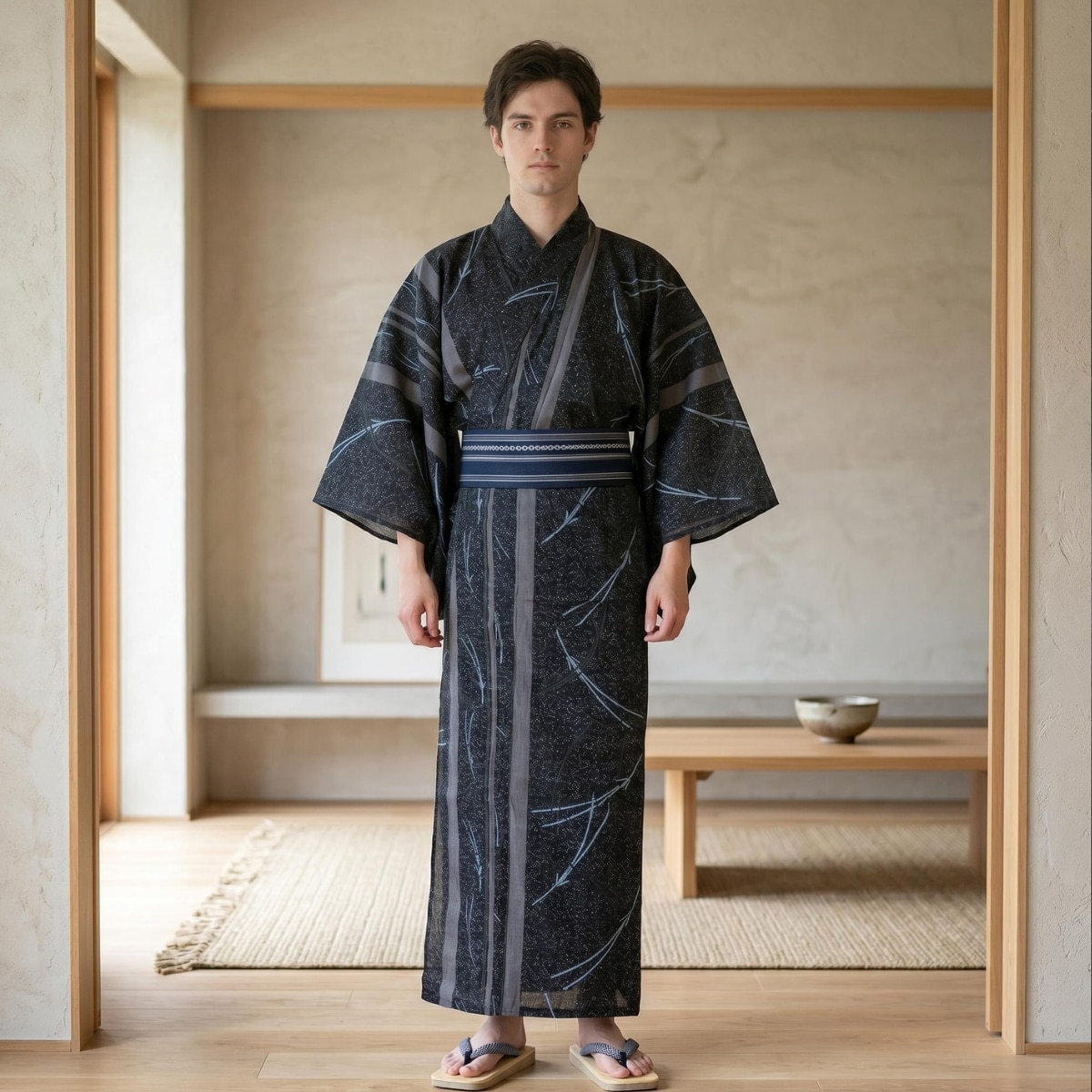 Un homme porte un kimono homme traditionnel à motif tiges et feuilles de bambou noir, avec une ceinture, dans une pièce japonaise simple et lumineuse avec tatami et table basse.