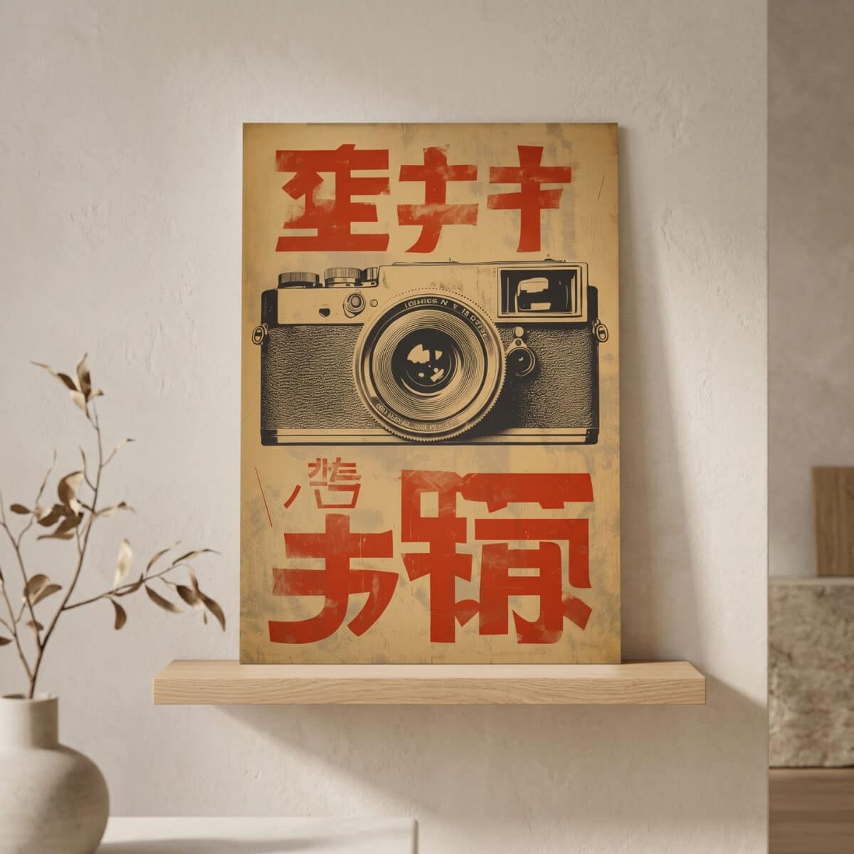 Affiche japandi au style vintage avec un appareil photo et des caractères japonais en rouge, posée sur une étagère murale