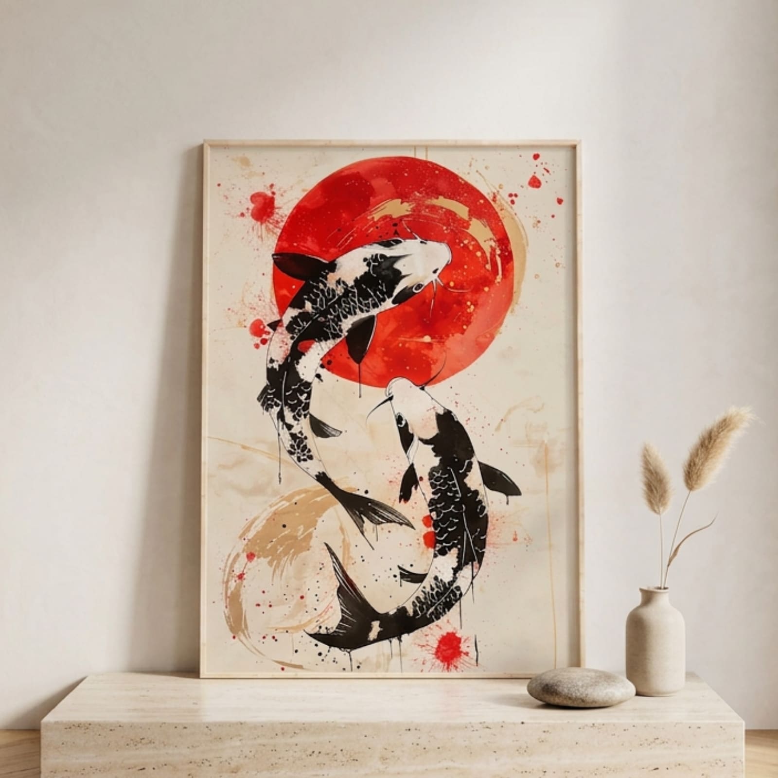 Affiche japandi avec des carpes koi qui nagent devant un soleil rouge, posée contre un mur beige