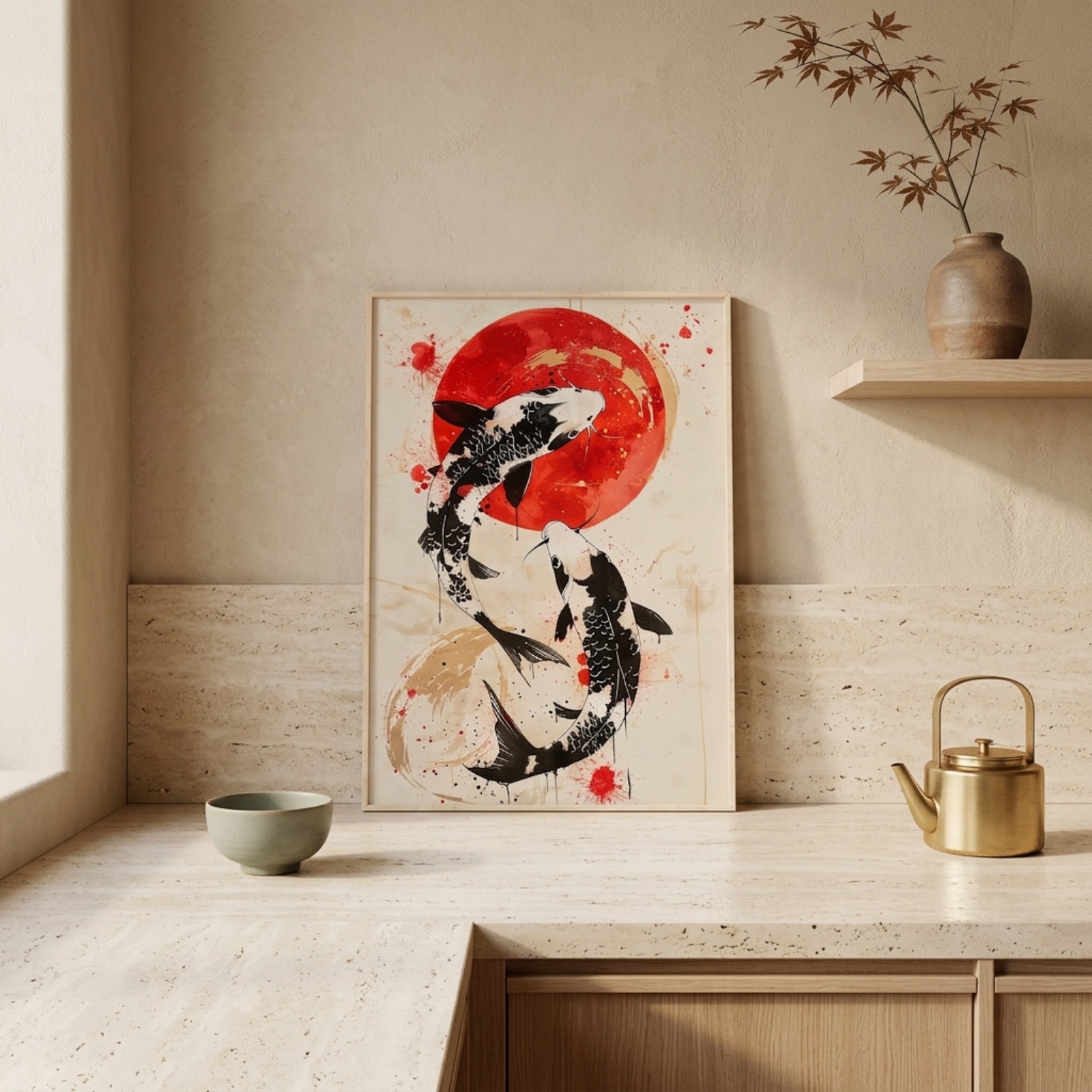 Affiche japandi carpe koi et soleil rouge — style japandi