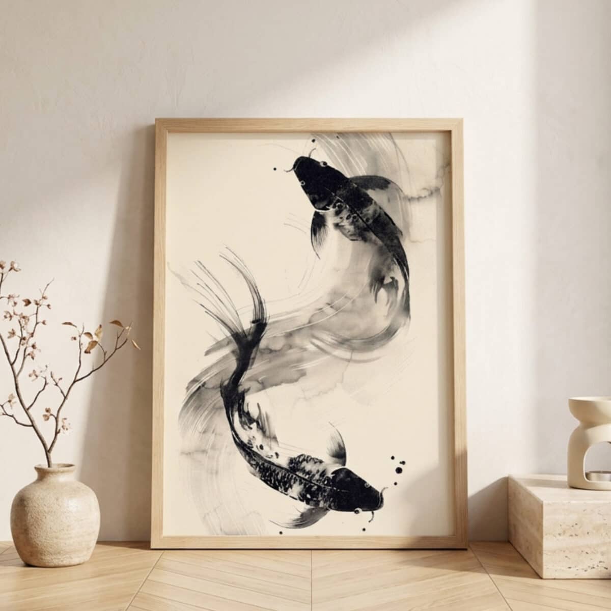 Affiche japandi beige et noire avec des carpes koi, posée contre un mur beige