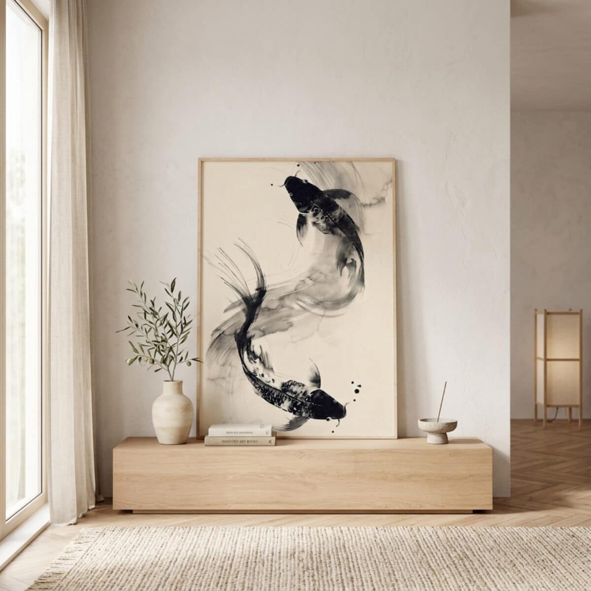 Affiche japandi carpes a lencre de Chine — style japandi
