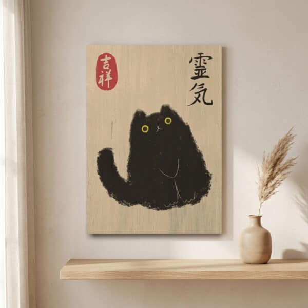 Affiche japandi avec un chat noir porte bonheur, posée sur un mur beige