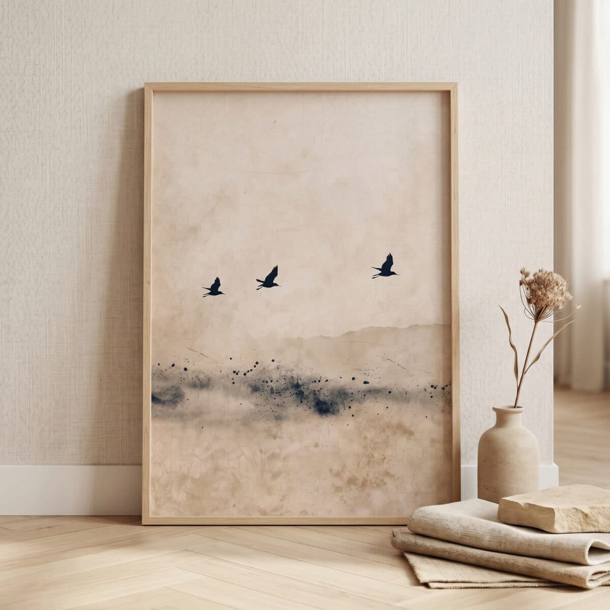 Affiche japandi avec des oiseaux minimalistes qui volent dans le ciel, posée sur un mur beige