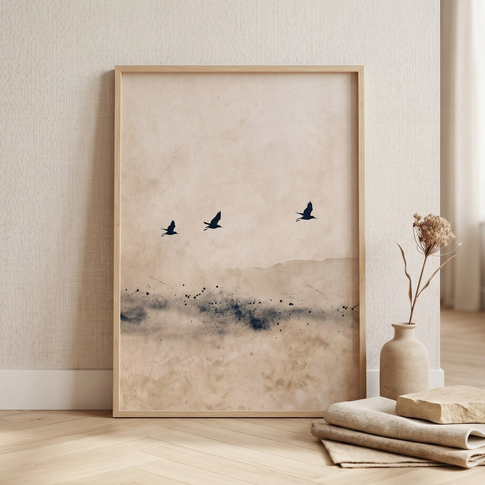 Affiche japandi avec des oiseaux minimalistes qui volent dans le ciel, posée sur un mur beige