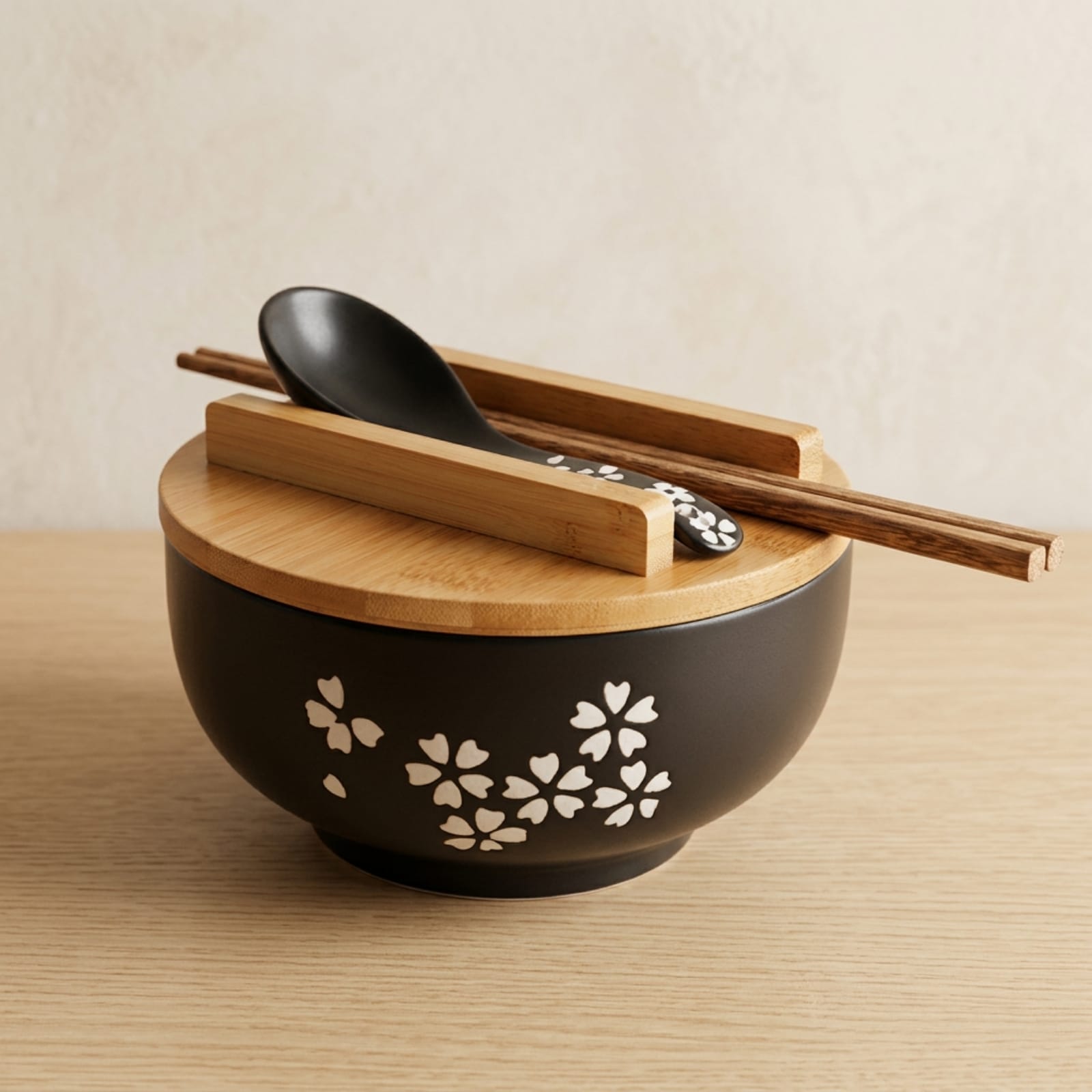 Bol japonais noir à motif Sakura, avec un couvercle en bambou, une cuillère et des baguettes, posé sur une table beige