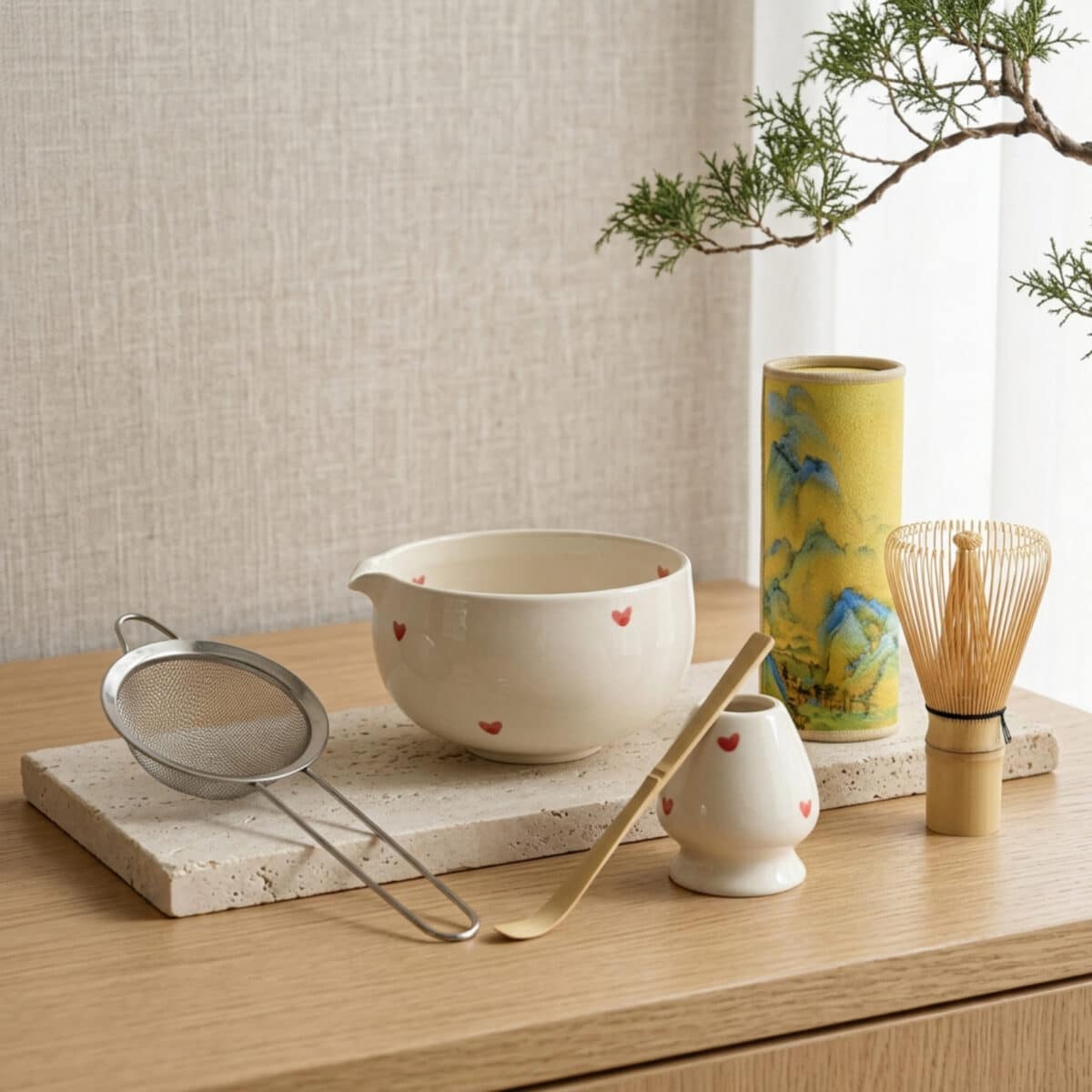 Bol japonais pour matcha blanc à petits coeurs, décoration d'intérieur style japandi