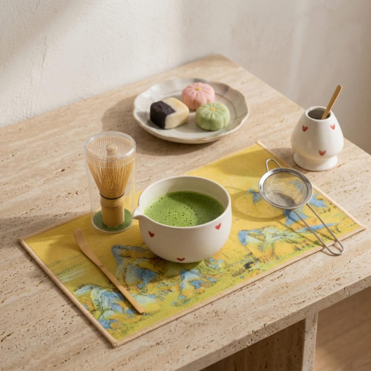 Bol japonais pour matcha blanc à petits coeurs, décoration d'intérieur style japandi