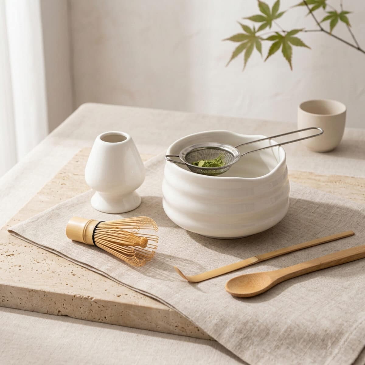 Kit pour matcha avec un bol japonais en céramique blanche, posé sur une table beige