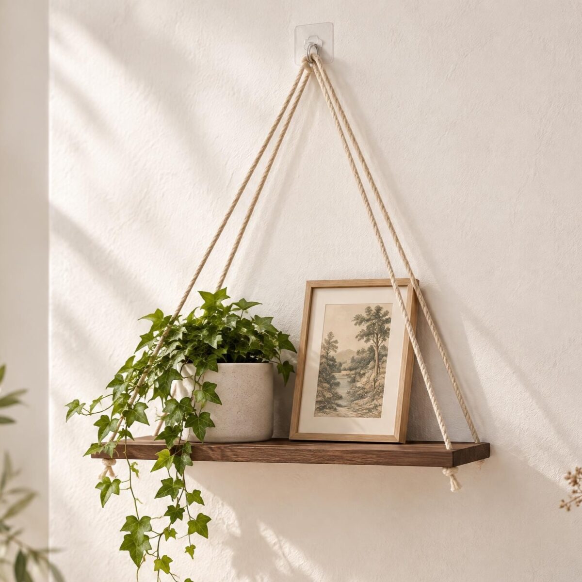 Une étagère Japandi suspendue par une corde de chanvre, avec une plante verte et un cadre posé dessus, fixée sur un mur clair baigné de lumière.