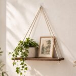 Une étagère Japandi suspendue par une corde de chanvre, avec une plante verte et un cadre posé dessus, fixée sur un mur clair baigné de lumière.