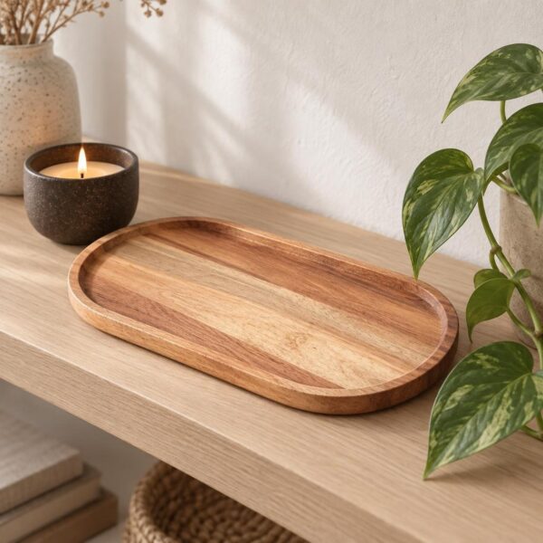 Un plateau japonais en bois naturel au style Wabi Sabi, de forme ovale et aux bords relevés, posé sur une table en bois avec une bougie et une plante verte.