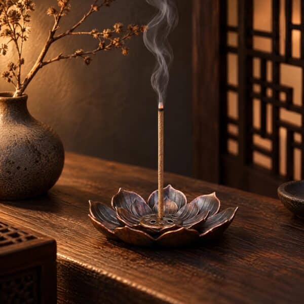 Un porte-encens japonais en alliage en forme de lotus posé sur une table en bois, avec un bâton d’encens fumant, dans une ambiance chaleureuse.