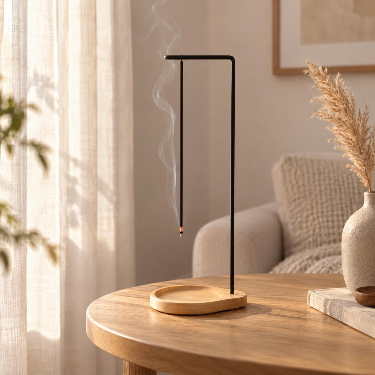 Un porte-encens japonais à potence noire et coupelle creusée, posé sur une table en bois avec un bâton d’encens fumant, dans un salon lumineux.