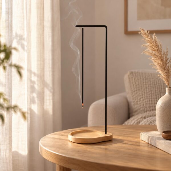 Un porte-encens japonais à potence noire et coupelle creusée, posé sur une table en bois avec un bâton d’encens fumant, dans un salon lumineux.