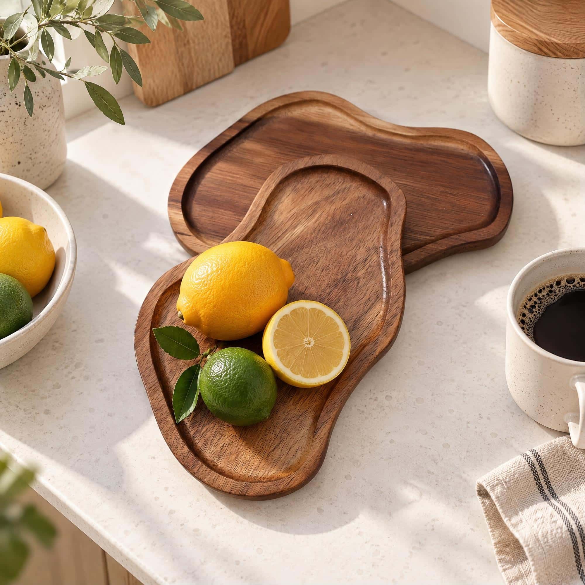 Un plateau japonais en acacia résistant à la chaleur, avec des citrons et des citrons verts, posé sur un comptoir clair entouré de plantes et de vaisselle.