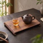 Un plateau japonais en bois avec présentoir décoratif posé sur une table, avec une théière sombre et un verre de thé, dans un intérieur chaleureux entouré de plantes.