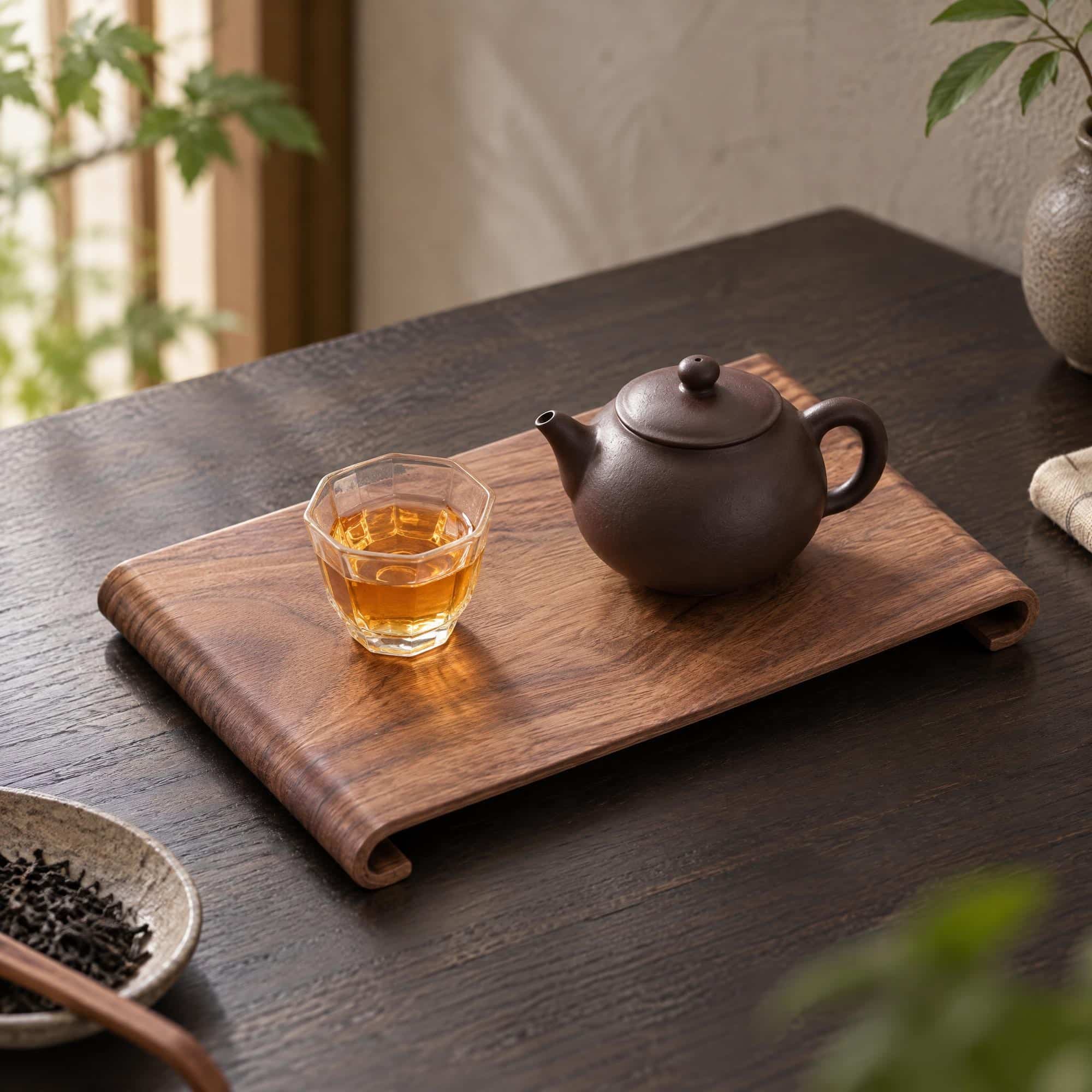 Un plateau japonais en bois avec présentoir décoratif posé sur une table, avec une théière sombre et un verre de thé, dans un intérieur chaleureux entouré de plantes.