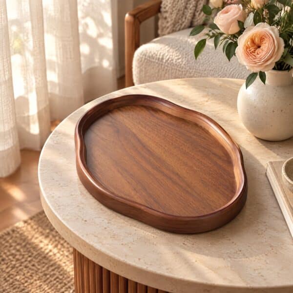 Un plateau japonais de service en bois pour la maison, de forme ovale et à bords relevés, posé sur une table ronde près d’un vase de fleurs.