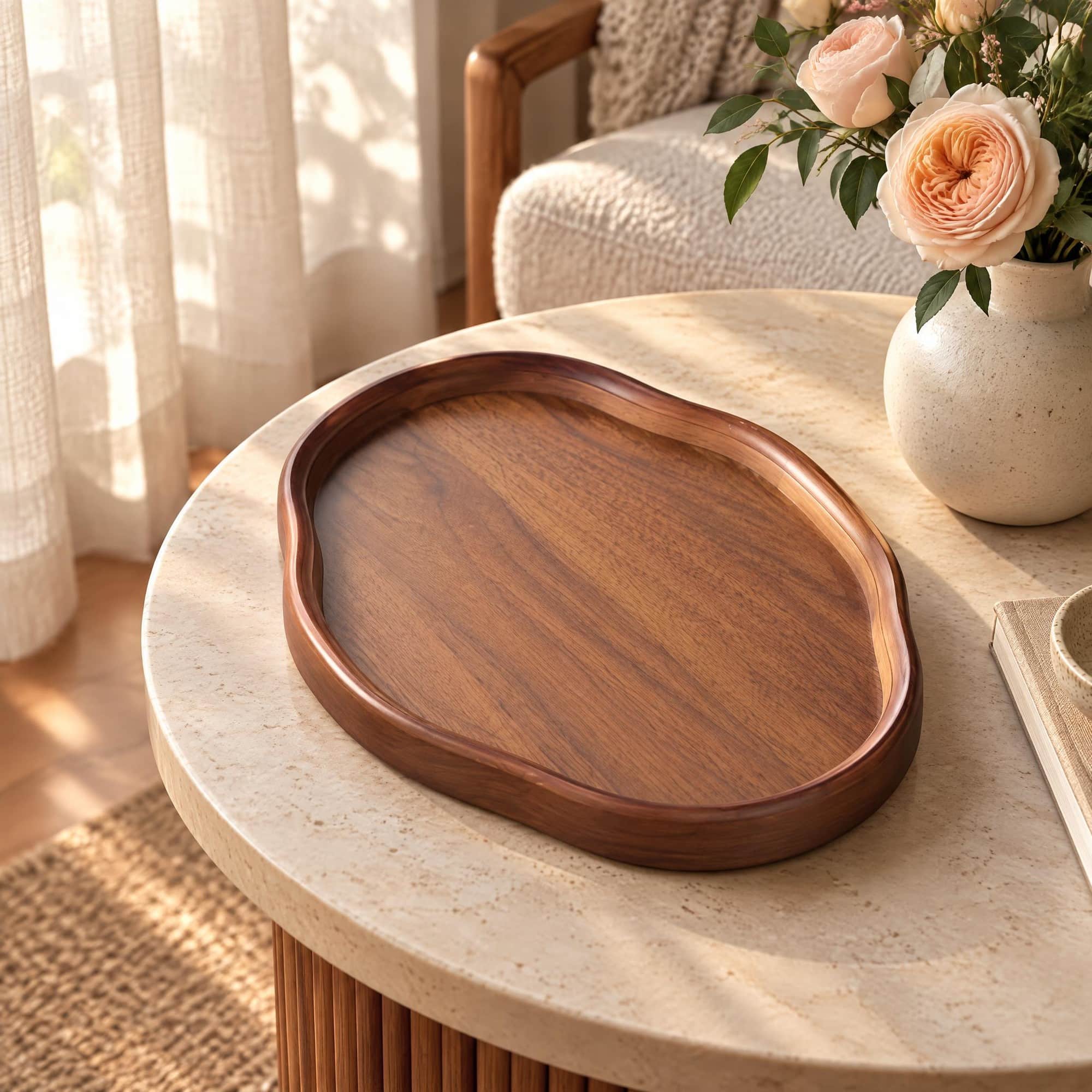 Un plateau japonais de service en bois pour la maison, de forme ovale et à bords relevés, posé sur une table ronde près d’un vase de fleurs.