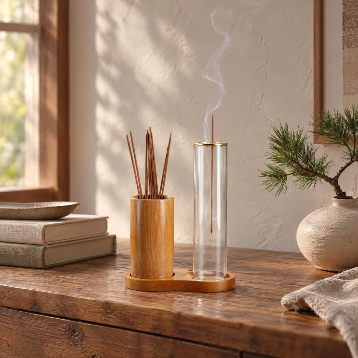 Un porte-encens japonais 2 en 1 en bambou et verre posé sur une table en bois, avec des bâtonnets d’encens fumants, des livres et une plante en arrière-plan.