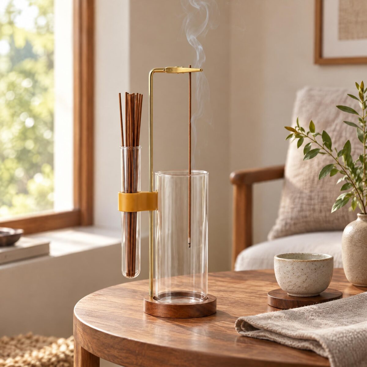 Un porte-encens japonais 2 en 1 en verre et laiton, avec un bâton d’encens fumant, posé sur une table en bois dans un salon lumineux.
