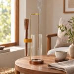 Un porte-encens japonais 2 en 1 en verre et laiton, avec un bâton d’encens fumant, posé sur une table en bois dans un salon lumineux.