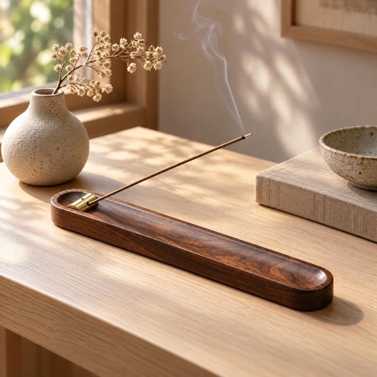Un porte-encens japonais en bois de noyer à embout réglable, posé sur une table avec un bâton d’encens fumant, dans un intérieur chaleureux et lumineux.