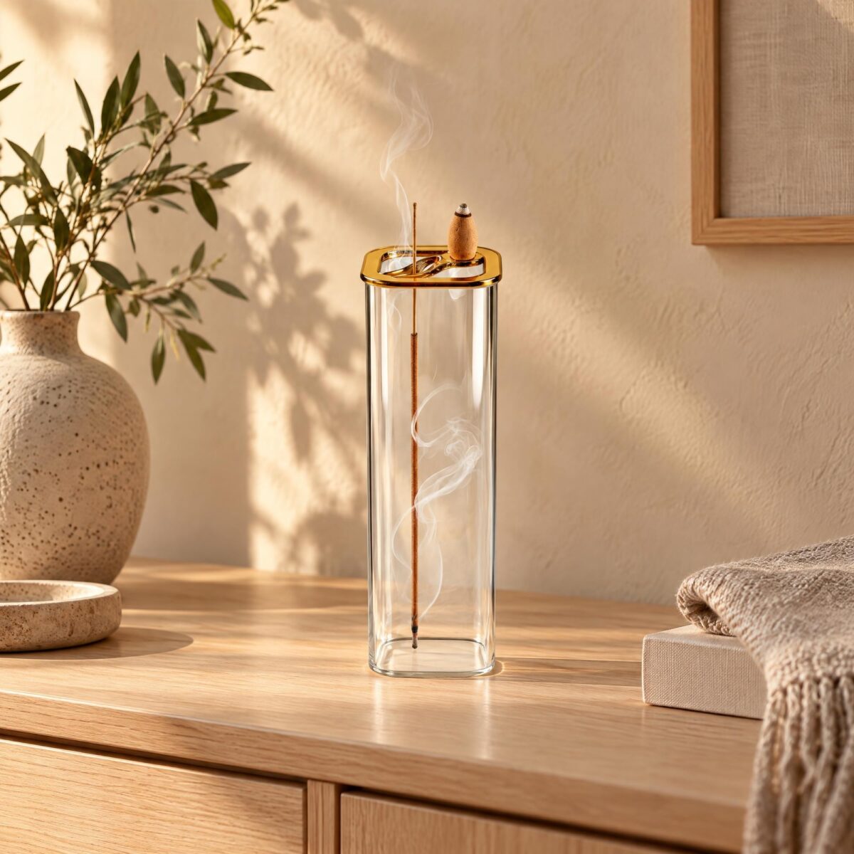 Un porte-encens japonais colonne de verre pour bâtons et cônes, posé sur un meuble en bois, avec un bâton d’encens allumé et sa fumée, dans un intérieur chaleureux.