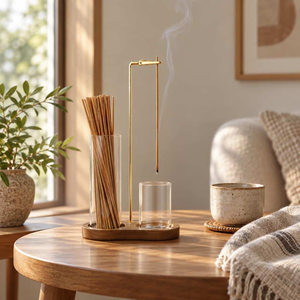 Un Porte-encens japonais à potence laiton sur socle bois avec des bâtons d’encens fumants, posé sur une table ronde en bois dans un salon lumineux.
