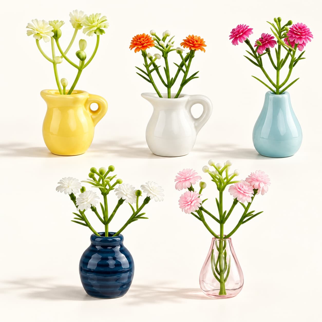 Les cinq mini-vases colorés avec leurs brins décoratifs sur fond crème