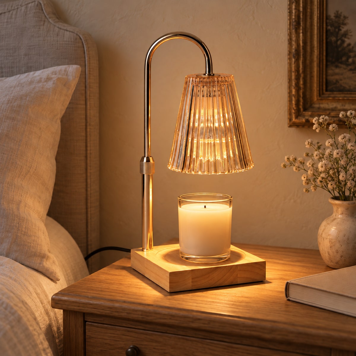 Lampe chauffe-bougie ambrée à pied doré sur une table de chevet