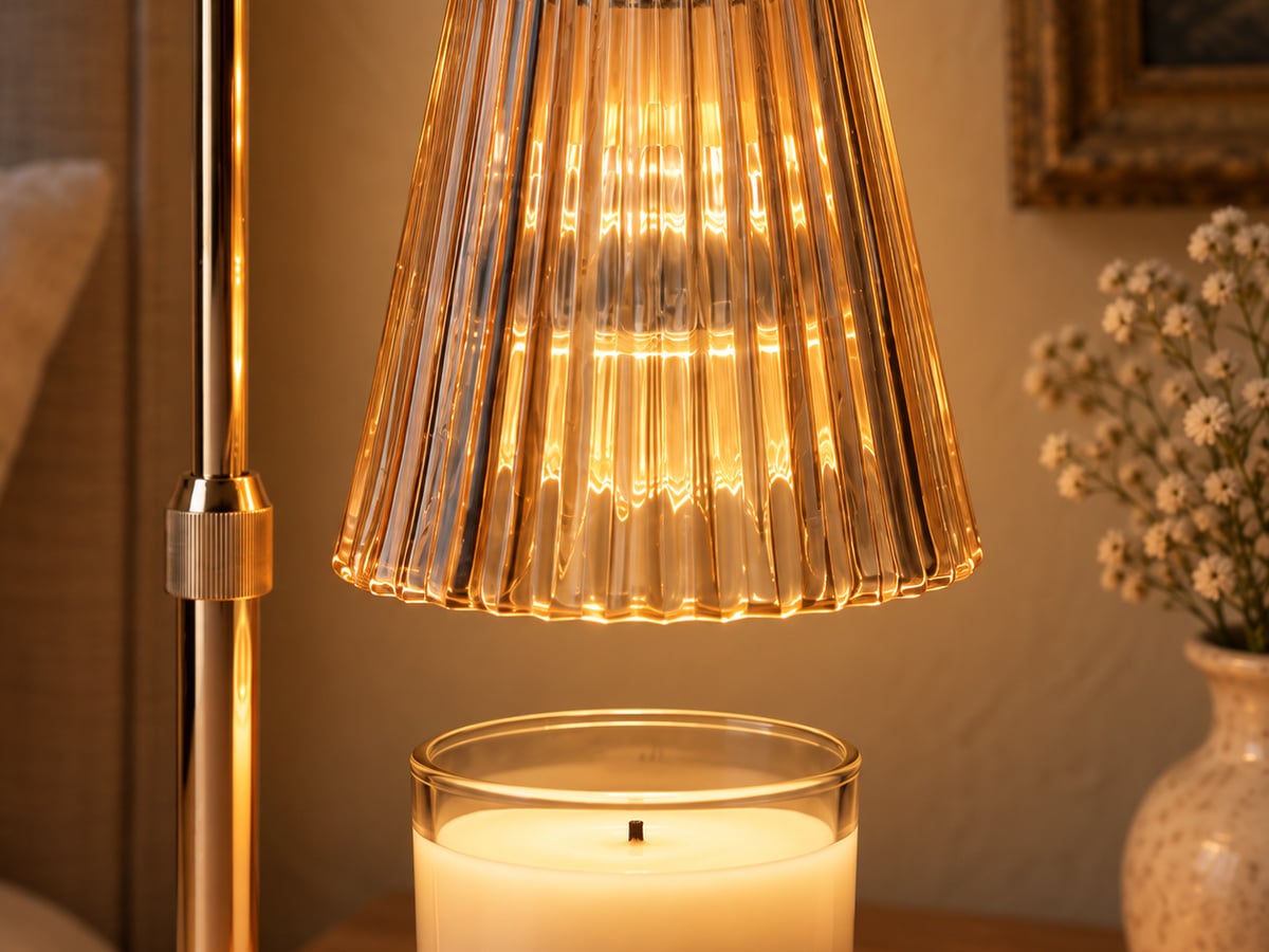 Détail de la lampe chauffante au-dessus d’une bougie à mèche éteinte