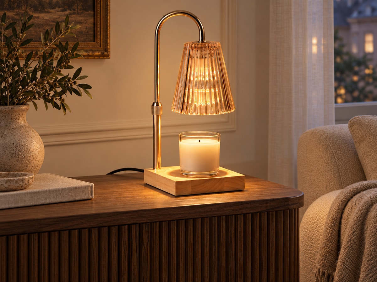 Lampe chauffe-bougie ambrée sur un meuble du salon